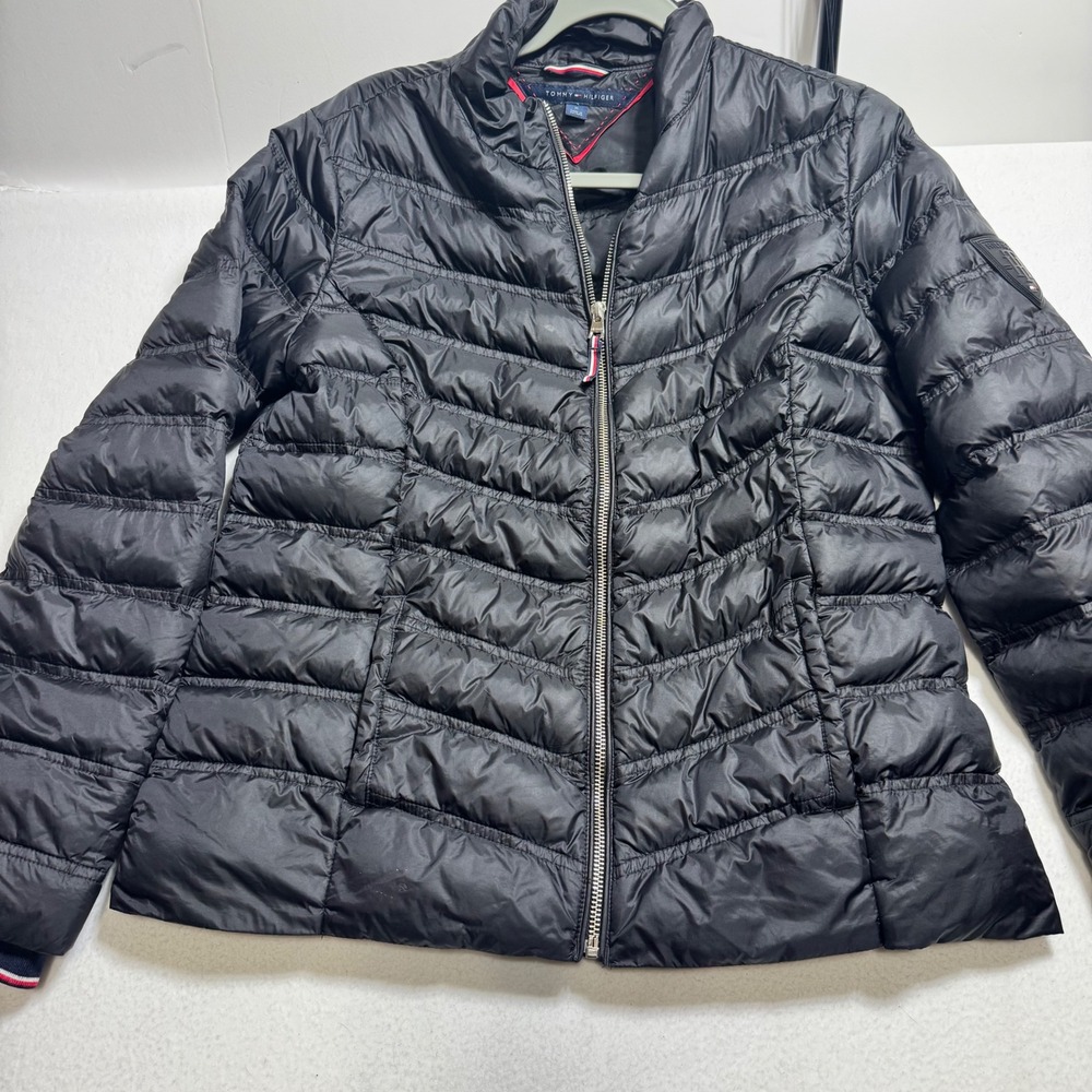 Tommy Hilfiger Puffer Jacket Mens Medium Black Chevron Quilted Zip Up Coat